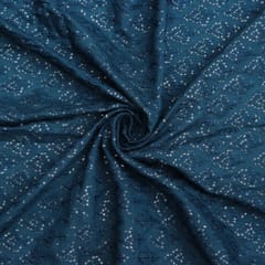 Sapphire Blue Thread And Sequins Embroidered Mushroom Silk Fabric -  KCC190734