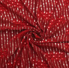 Blood Red chinon chiffon fabric with Gold sequins and Thread embroidered flowers - KCC150379