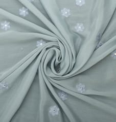Sky Blue Chiffon fabric with sequins and embroidered flowers