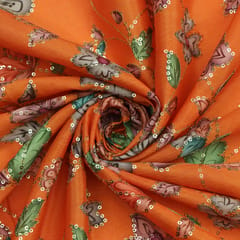 Tangerine Orange printed Chinon fabric with embroidery