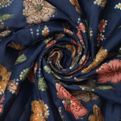 Navy Blue printed Chinon fabric with embroidery