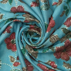 Powder Blue printed Chinon fabric with embroidery