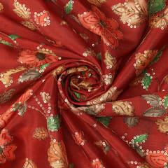 Ruby Red printed Chinon fabric with embroidery