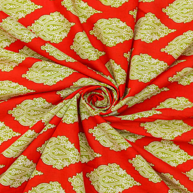 Red & Olive Cotton Block Print Fabric