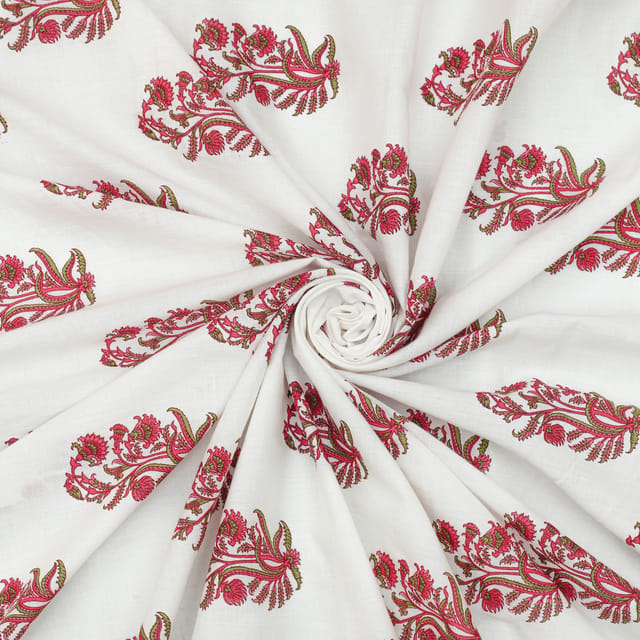 White & Maroon Cotton Block Print Fabric