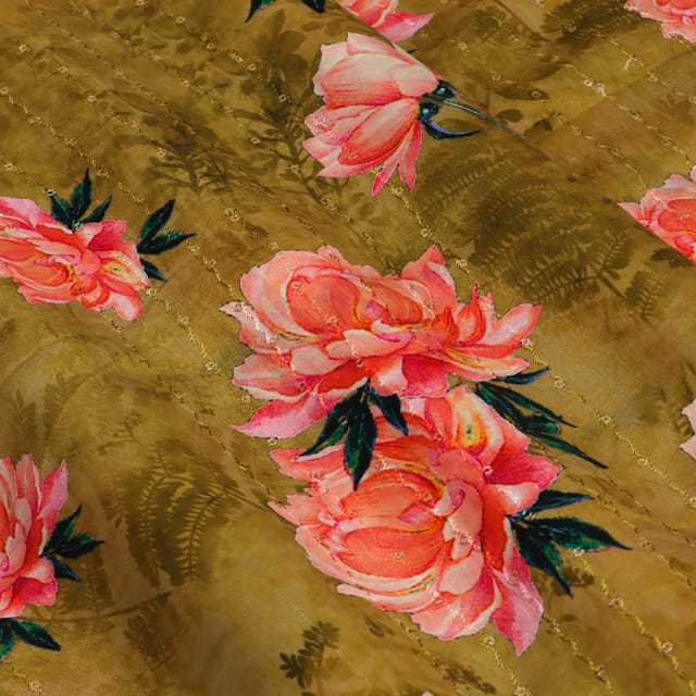 Brown and Pink Floral Print Modal Satin Embroidery Fabric