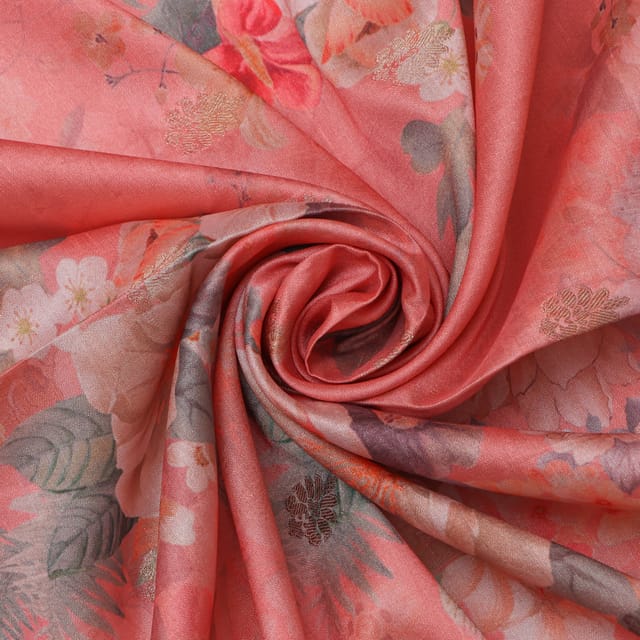 Blush Pink Floral Print Tussar Fabric