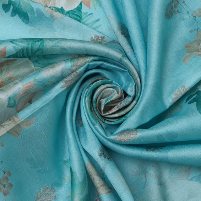 Sky Blue Floral Print Tussar Fabric