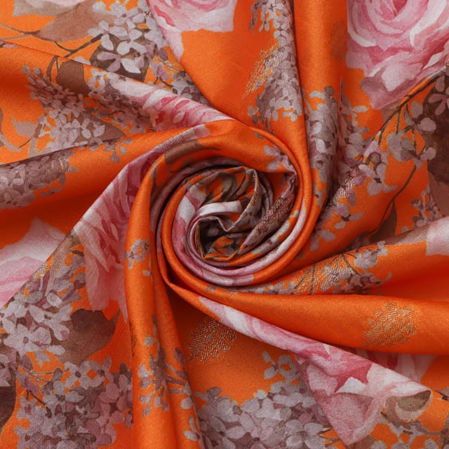 Tangerine Orange Floral Print Tussar Fabric