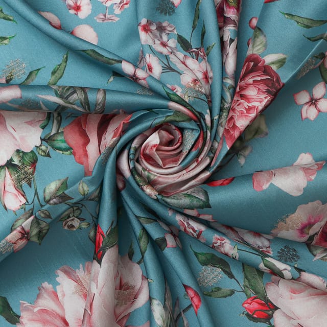 Baby Blue Floral Print Tussar Fabric