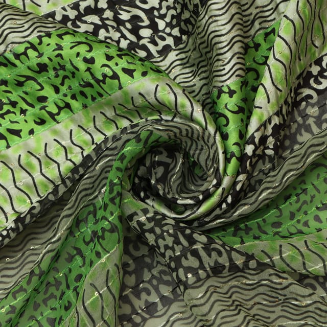 Lime Green and Black Print Chinon Embroidery Fabric
