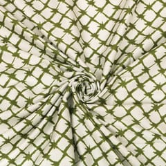 Olive Green &White Glace Cotton Diamond Pattern Screen Print Fabric