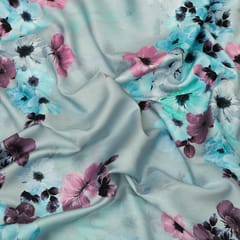 Powder Blue Glace Cotton Floral Print Fabric