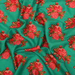 Cyan Green Satin Floral Print Fabric