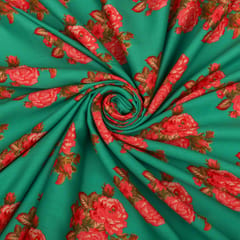 Cyan Green Satin Floral Print Fabric