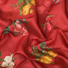 Rose Red Chanderi Floral Print Fabric
