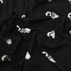 Charcoal Black and White Floral Print Crepe Fabric