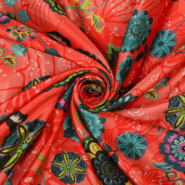 Scarlet Red Floral Print Satin Fabric