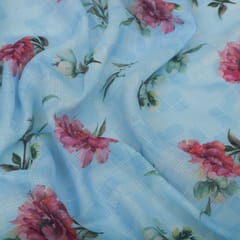 Sky Blue and Pink Floral Print Checkered Kota Loom