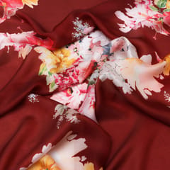 Maroon Red Floral Print Organza Fabric