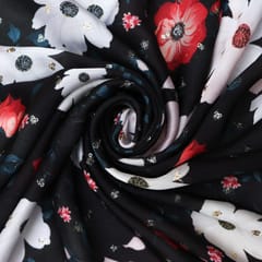 Charcoal Black Floral Print Satin Sequence Fabric