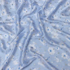 Sky Blue Floral Print Satin Sequence Fabric