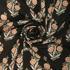 Jet Black and Beige Floral-Print Crepe Fabric