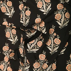 Jet Black and Beige Floral-Print Crepe Fabric