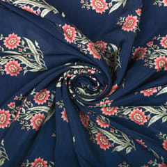 Azure Blue and Pink Floral-Print Crepe Fabric