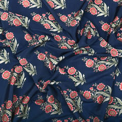 Azure Blue and Pink Floral-Print Crepe Fabric