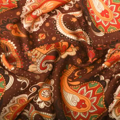 Almond Brown and Yellow Print Satin Sequence Fabric