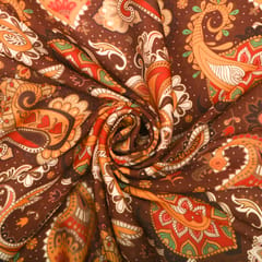 Almond Brown and Yellow Print Satin Sequence Fabric