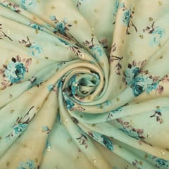 Baby Blue and Cream Floral Print Satin Sequence Fabric