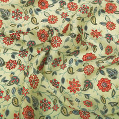 Cream and Red Floral Print Satin Sequence Fabric