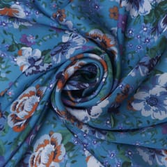 Azure Blue Floral Print Satin Fabric
