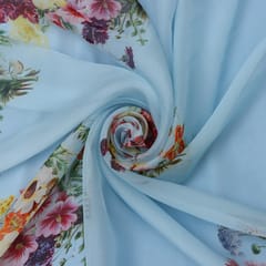 Sky Blue Floral Print Organza Fabric