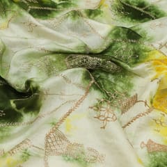 Green Tie Dye Pattern Silk Chanderi Traditional Golden Zari Embroidery Fabric