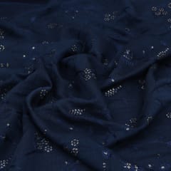 Navy Blue Katan Chanderi Floral Pattern Sequins Embroidery Fabric