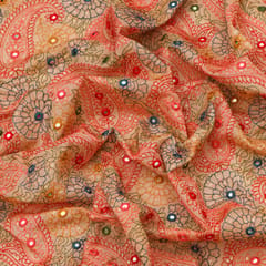 Peach Chanderi Silk Threadwork Mirror Embroidery Fabric