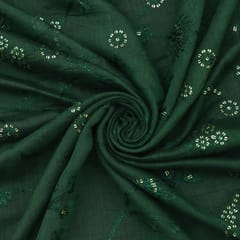 Basil Green Katan Chanderi Flower Sequins Embroidery Fabric