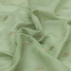 Tea Green Chanderi Dim Golden Zari Embroidery Fabric