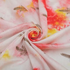 Light Coral Tie Dye Pattern Silk Chanderi Floral Threadwork Embroidery Fabric