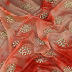 Candy Red Tie Dye Pattern Silk Chanderi Motif Dim Golden Zari Embroidery Fabric