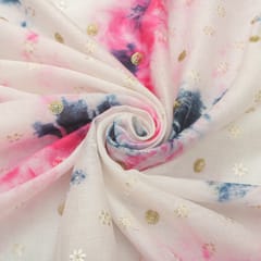 Baby Pink & Indigo Tie Dye Pattern Silk Chanderi Motif Dim Golden Zari Embroidery Fabric