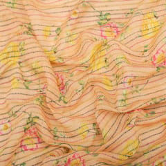 Buff Yellow Floral Chanderi Print With Katha Work Fabric