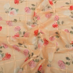 Peach Chanderi Floral Print Threadwork Embroidery Fabric