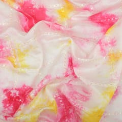 Light Pink Tie Dye Pattern Silk Chanderi Motif Dim Golden Zari Embroidery Fabric