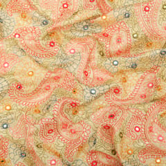 Tan Brown Chanderi Silk Mirror Embroidery Fabric