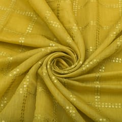 Pickle Green Cotton Chanderi Golden Stripe Sequins Embroidery Fabric