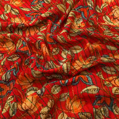 Red Floral Chanderi Print With Katha Work Fabric